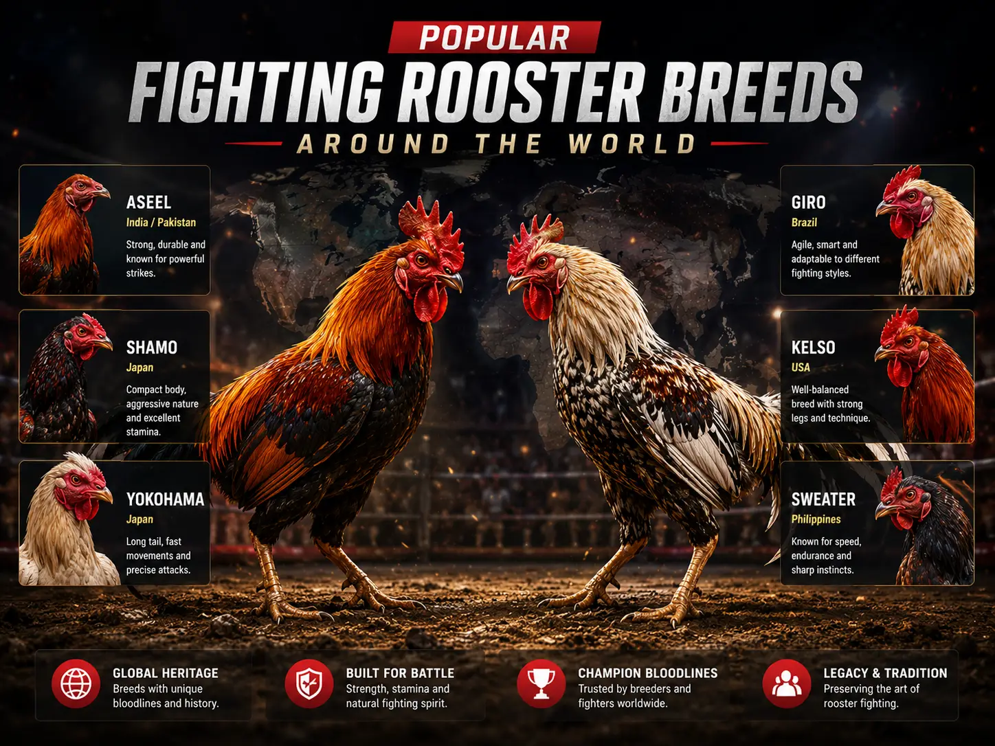 Popular fighting rooster breeds around the world