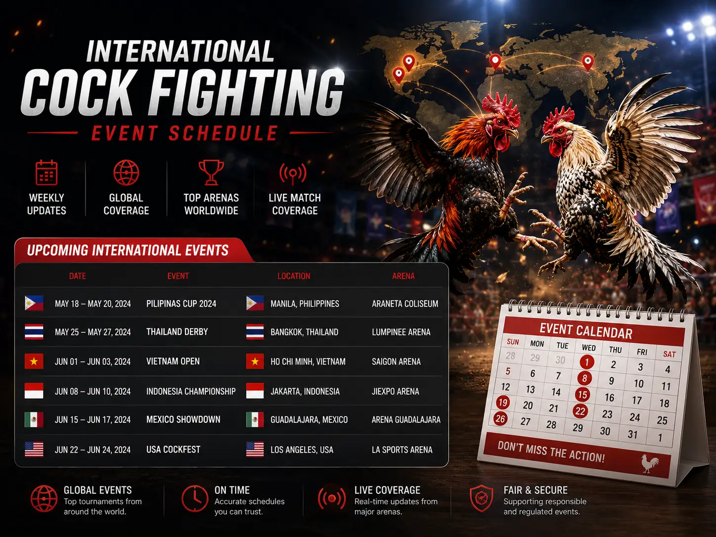 International cock fighting event schedule
