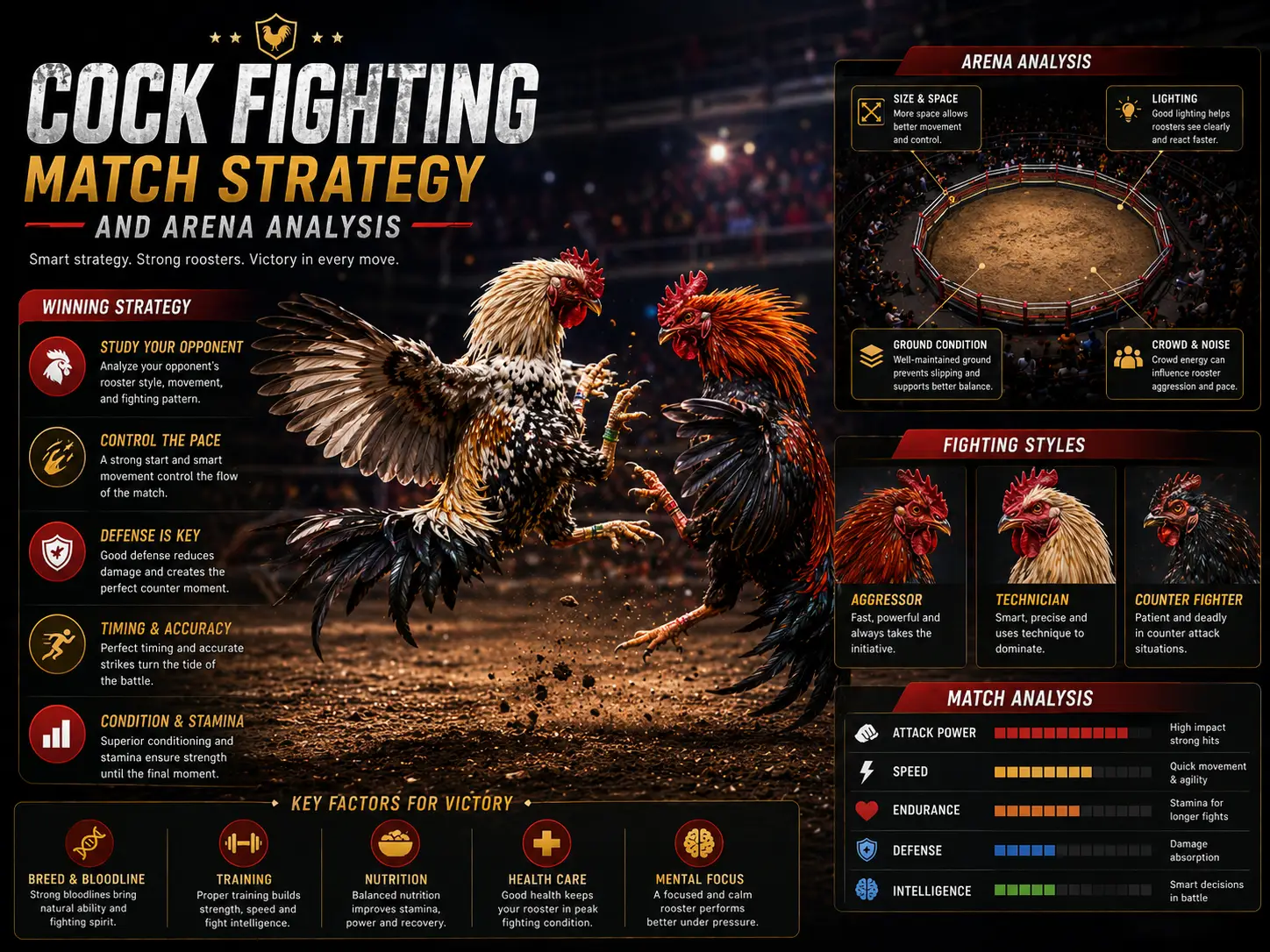 Cock fighting match strategy and arena analysis